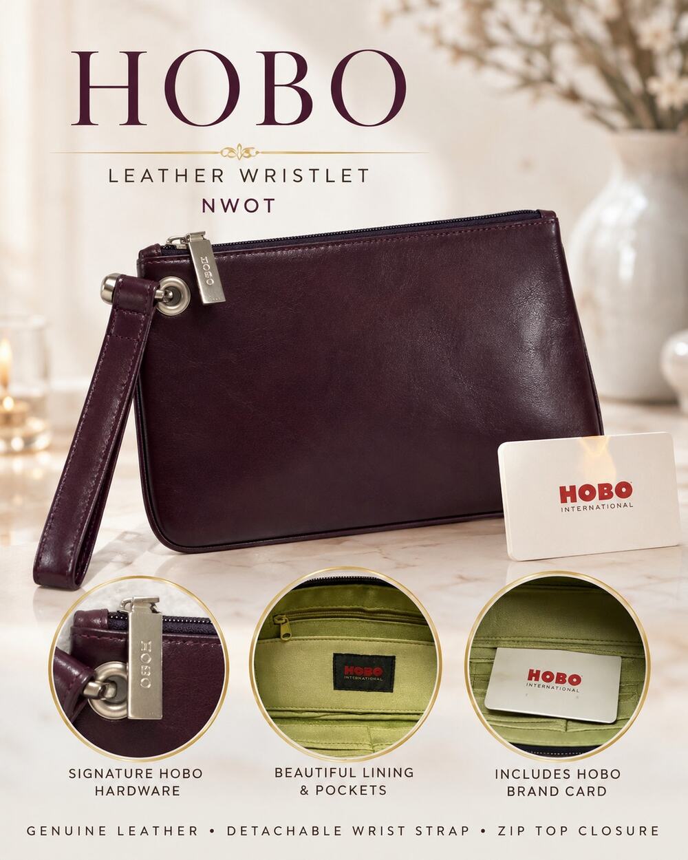 HOBO International Purple Leather Wristlet Wallet Clutch Zip Top